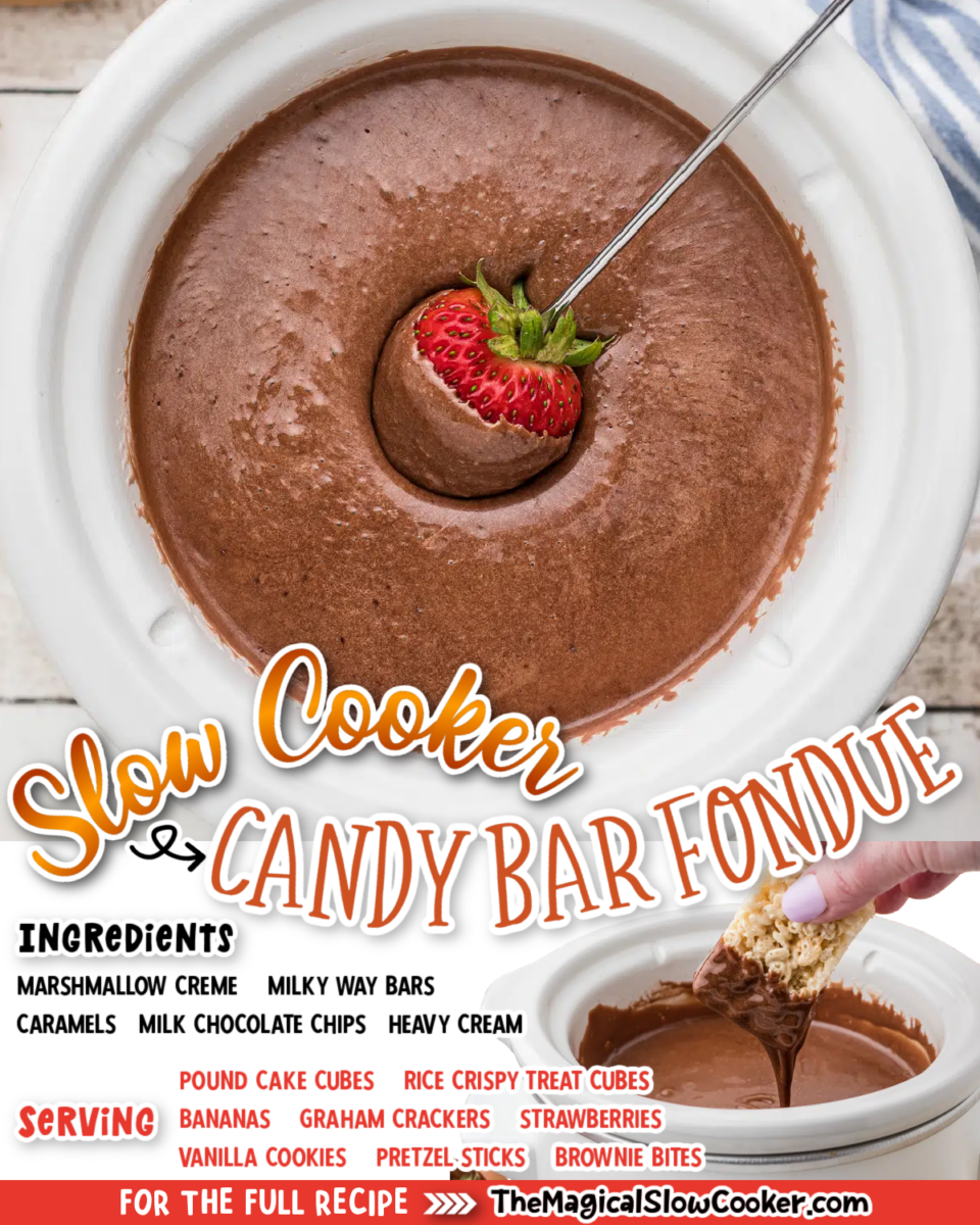 Collage of candy bar fondue images with text of what the ingredients are for facebook or pinterest.