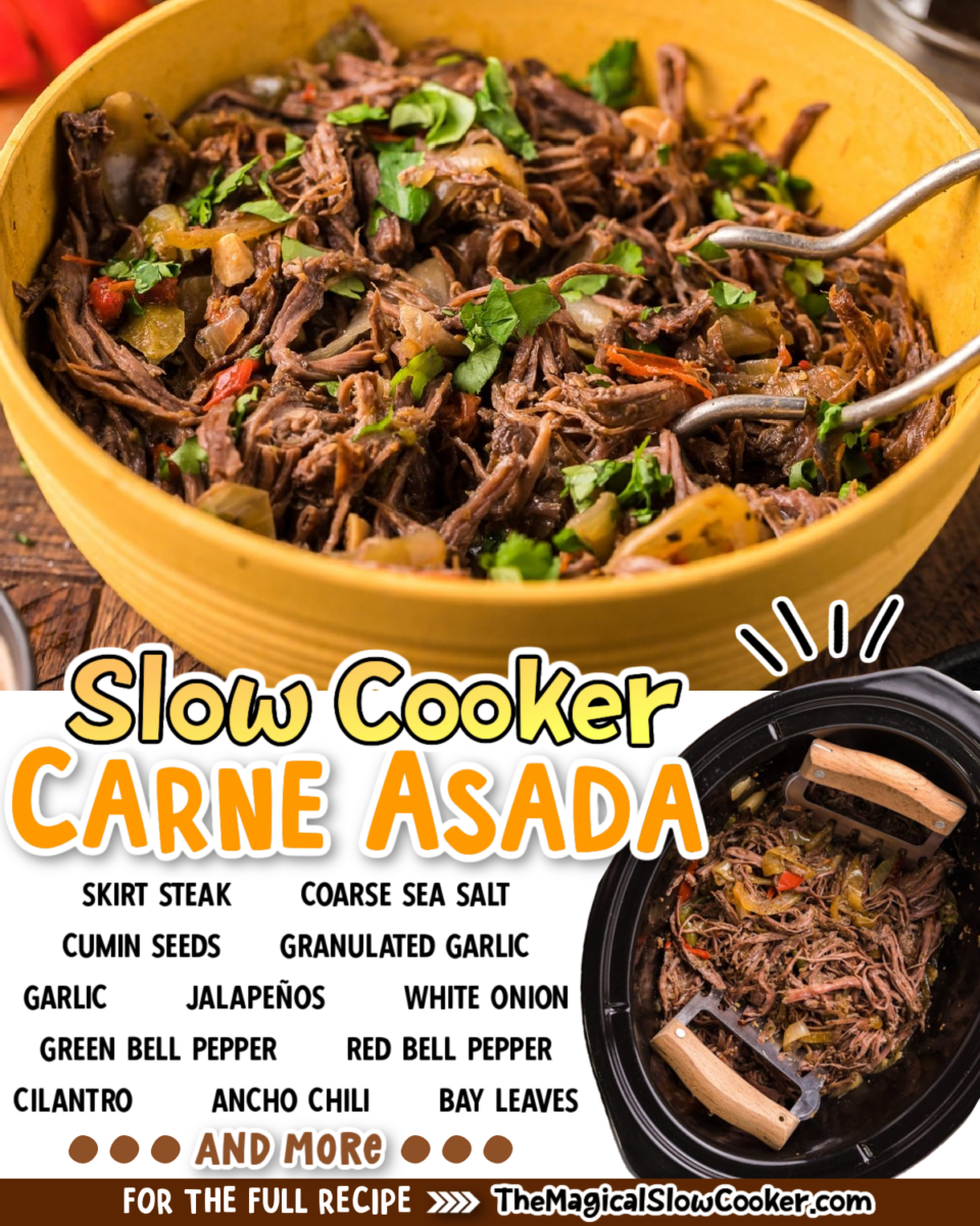 Collage of carne asada images with text of what the ingredients are for facebook or pinterest.