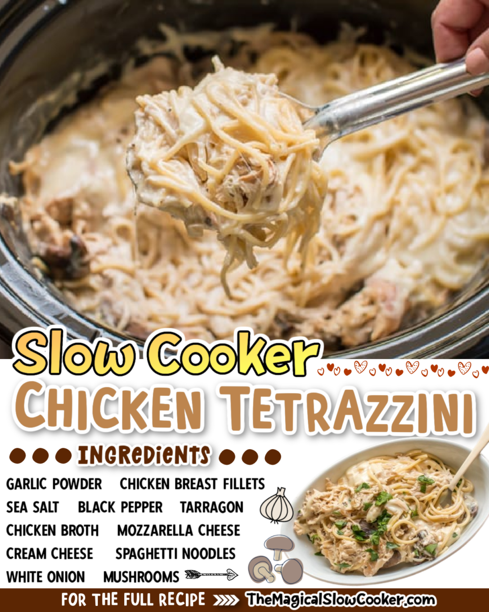 Collage of chicken tetrazzini images with text of what the ingredients are for facebook or pinterest.