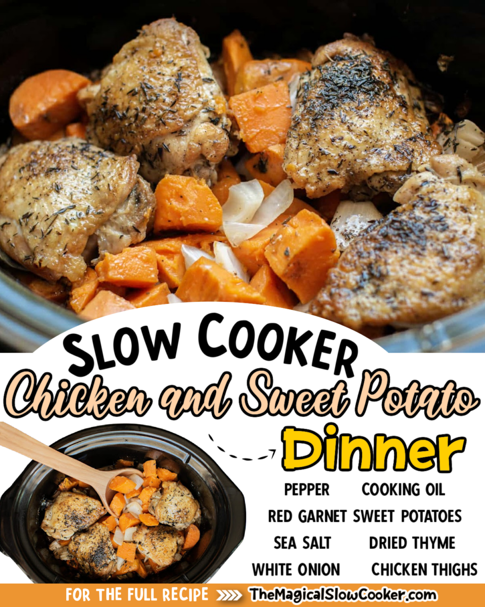 Collage of chicken and sweet potato dinner images with text of what the ingredients are for facebook or pinterest.