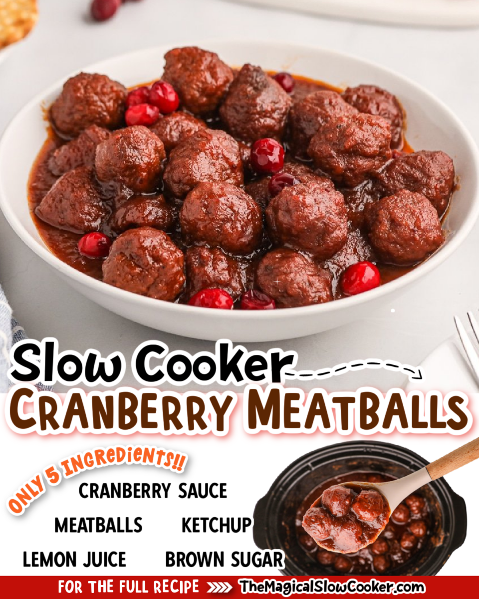 Collage of cranberry meatball images with text of what the ingredients are for facebook or pinterest.