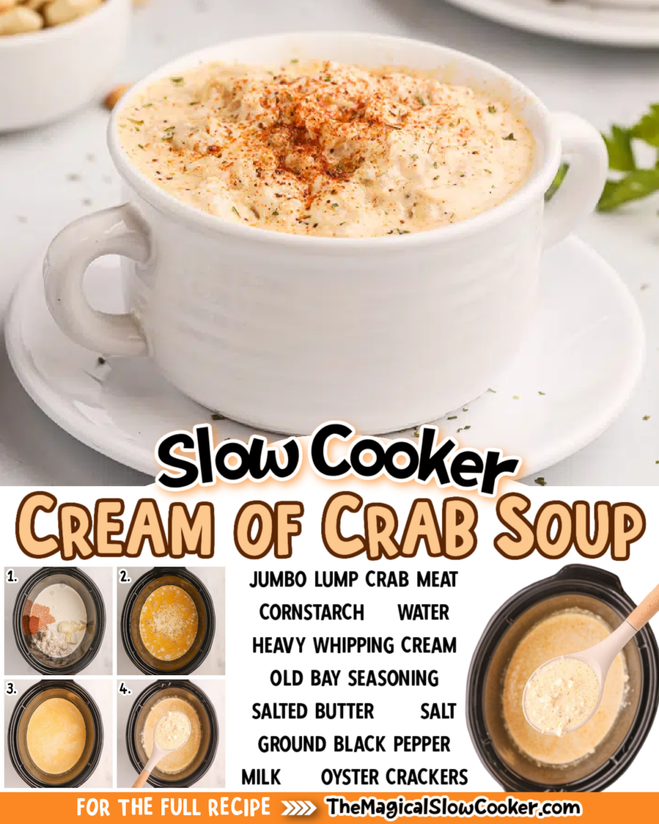 Collage of crab soup images with text of what the ingredients are for facebook or pinterest.
