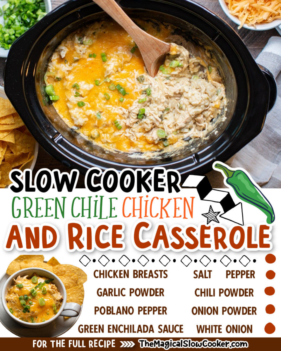 Collage of green chile chicken images with text of what the ingredients are for facebook or pinterest.