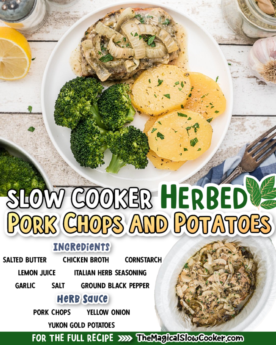 collage of pork chops and poatoes images with text of what the ingredients are.