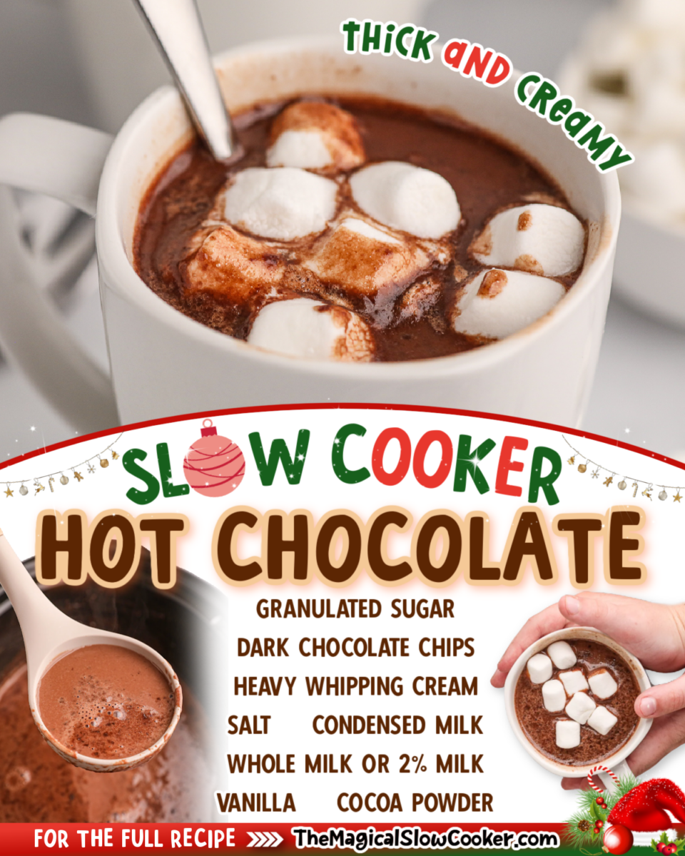 collage of hot chocolate images with text of what the ingredients are.
