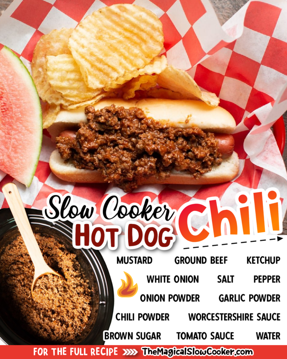collage of hot dog chili images with text of what the ingredients are.