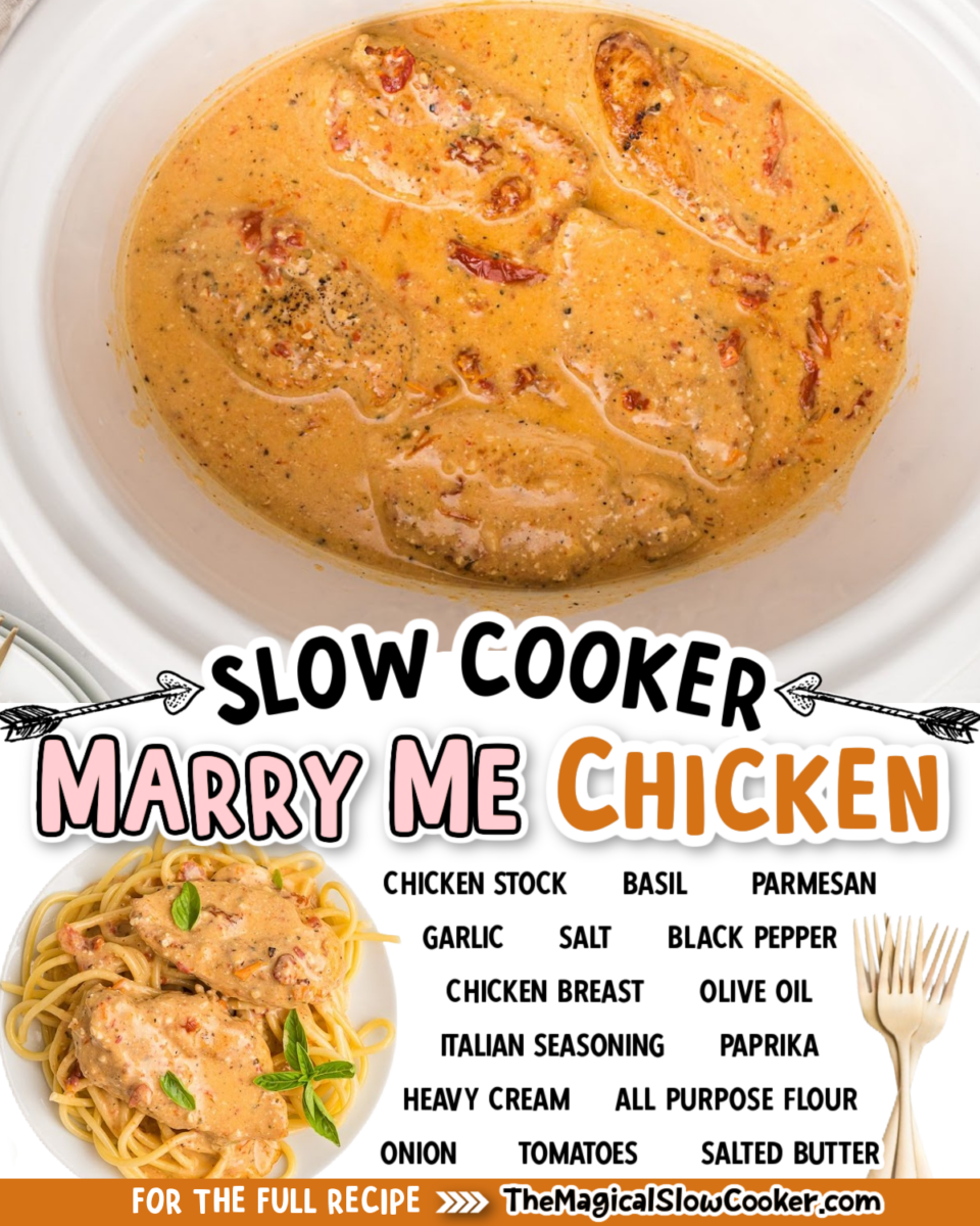 Collage of marry me chicken images with text of what the ingredients are for facebook or pinterest.