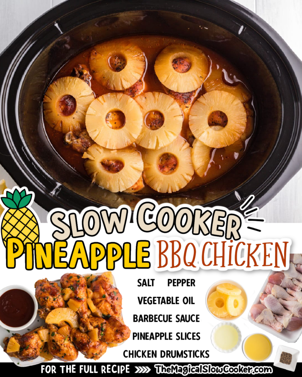 Collage of pineapple bbq chicken images with text of what the ingredients are for facebook or pinterest.