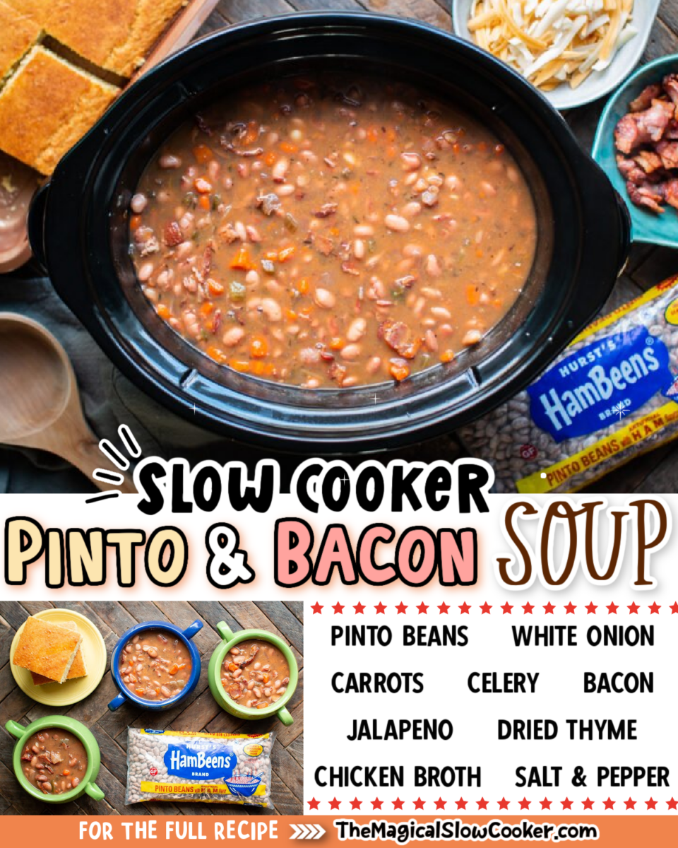 Collage of pinto bean soup images with text of what the ingredients are for facebook or pinterest.