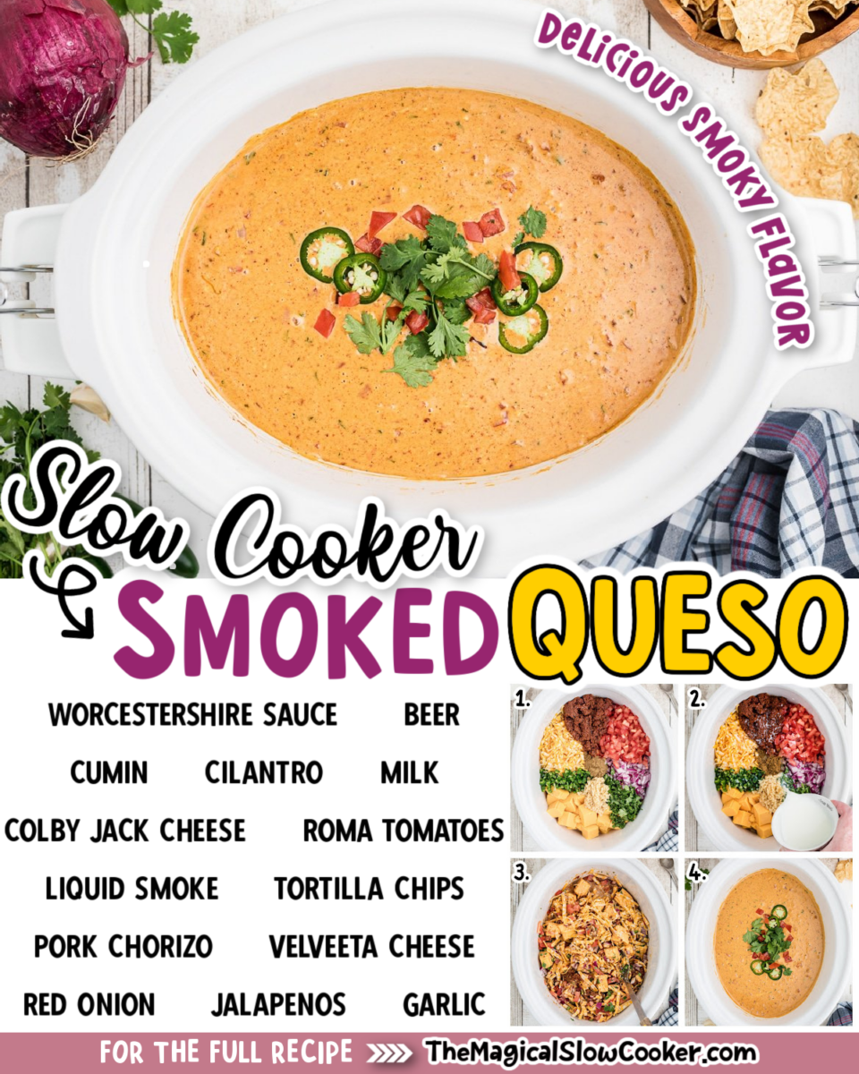 Collage of smoked queso images with text of what the ingredients are for facebook or pinterest.