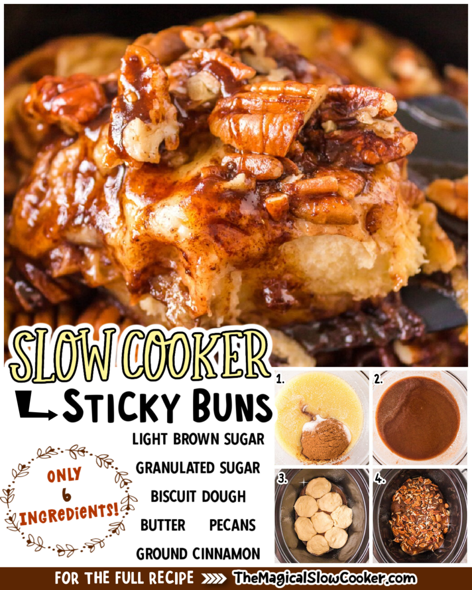 Collage of sticky buns images with text of what the ingredients are for facebook or pinterest.