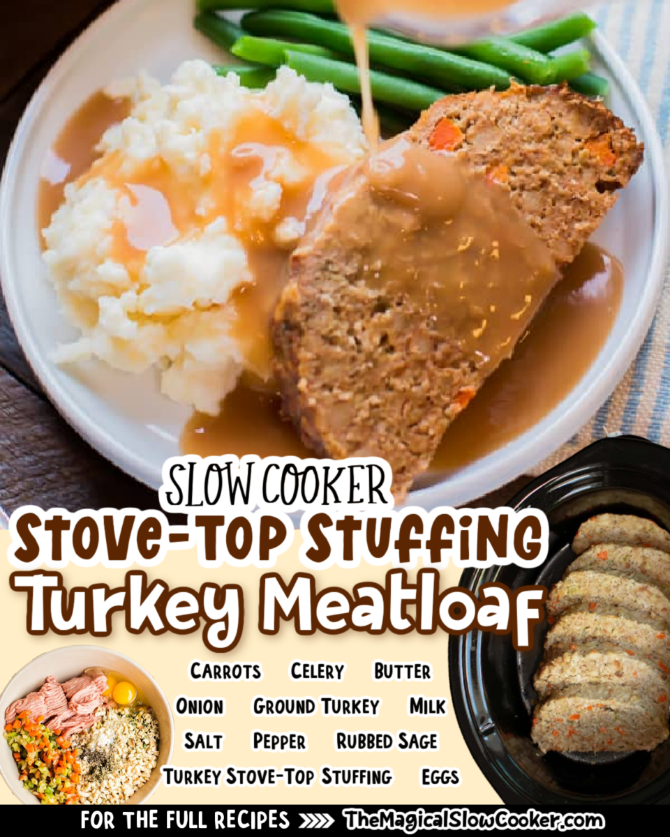Collage of turkey meatloaf images with text of what the ingredients are for facebook or pinterest.