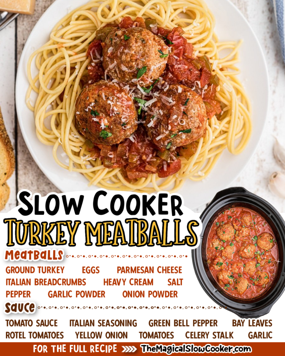 Collage of turkey meatballs images with text of what the ingredients are for facebook or pinterest.