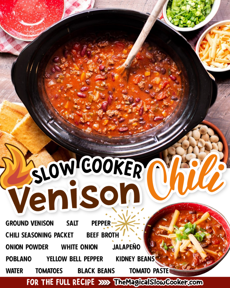 Collage of venison chili images with text of what the ingredients are for facebook or pinterest.