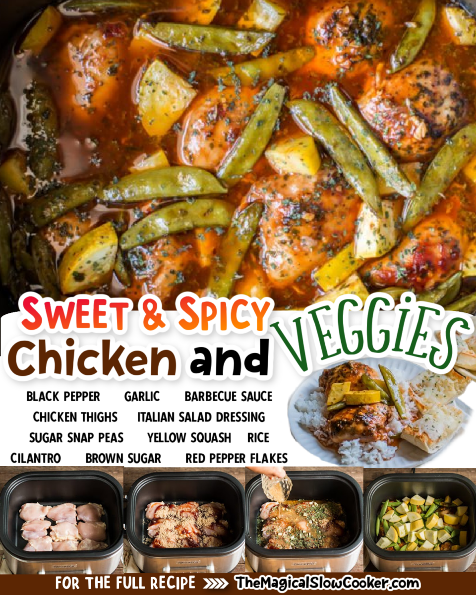 Collage of sweet and spicy chicken images with text of what the ingredients are for facebook or pinterest.