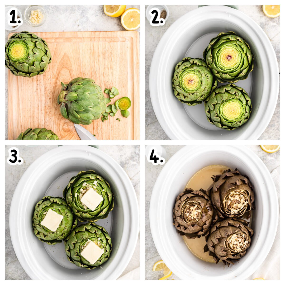 4 images showing how to cook artichokes in a slow cooker.