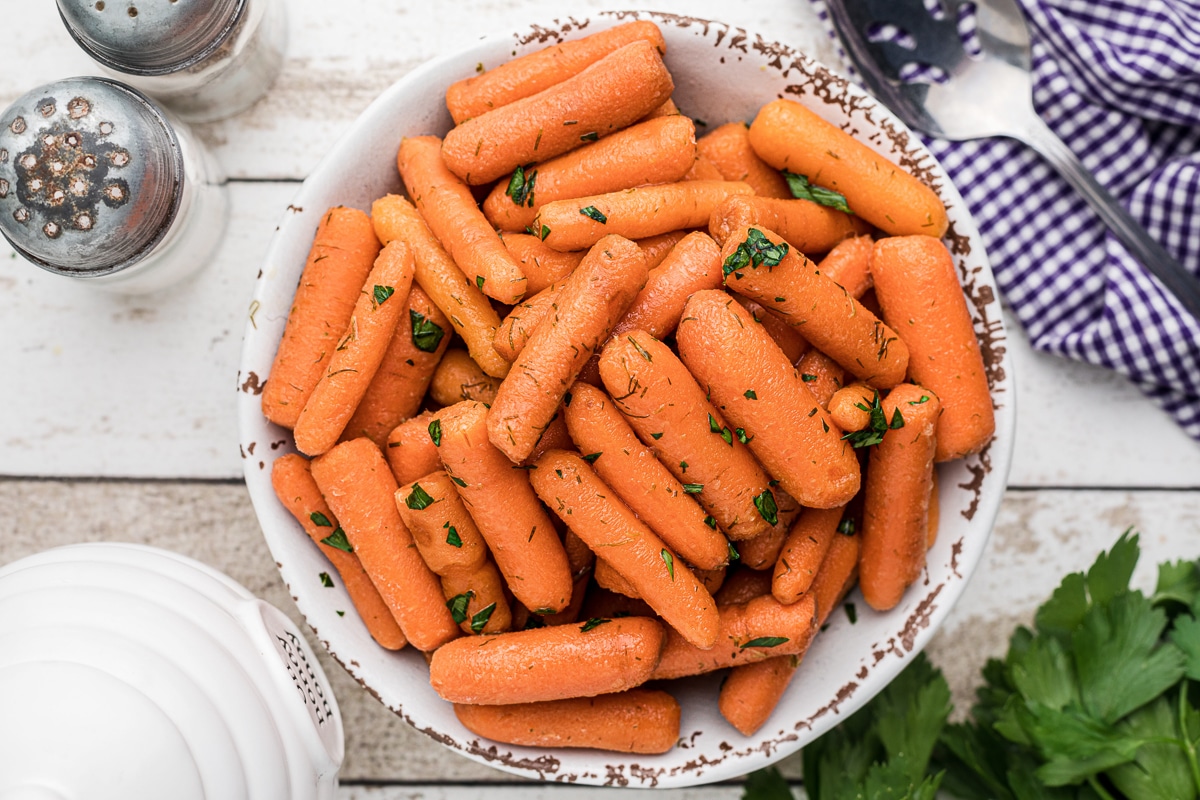 Overhead shot of baby carrots in bowl.