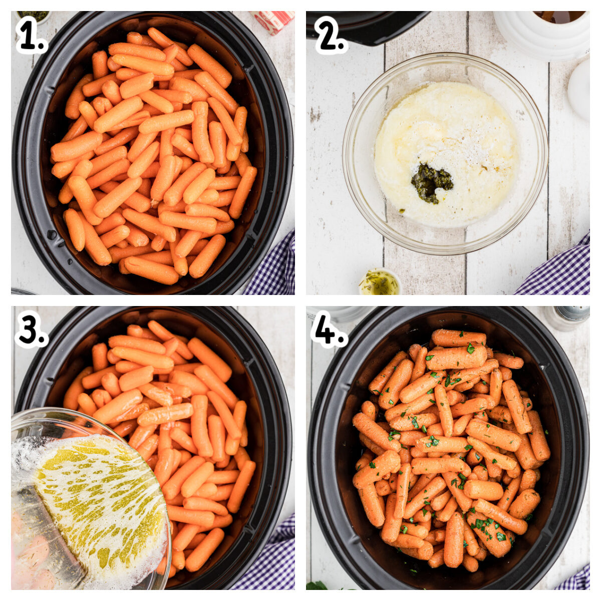 Four images showing how to make baby carrots in a slow cooker.