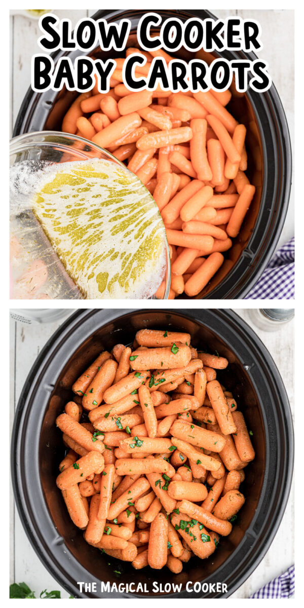 before and after cooking baby carrots in the slow cooker.