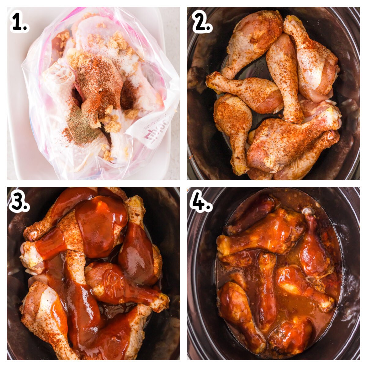 4 images showing how to make bbq drumsticks in a slow cooker.