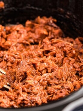 shredded jackfruit pulled pork in slow cooker.