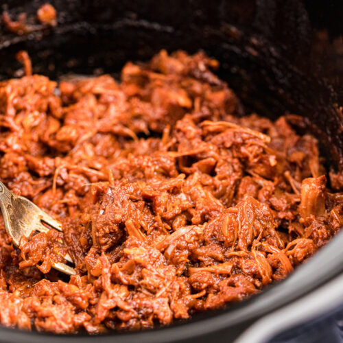 shredded jackfruit pulled pork in slow cooker.