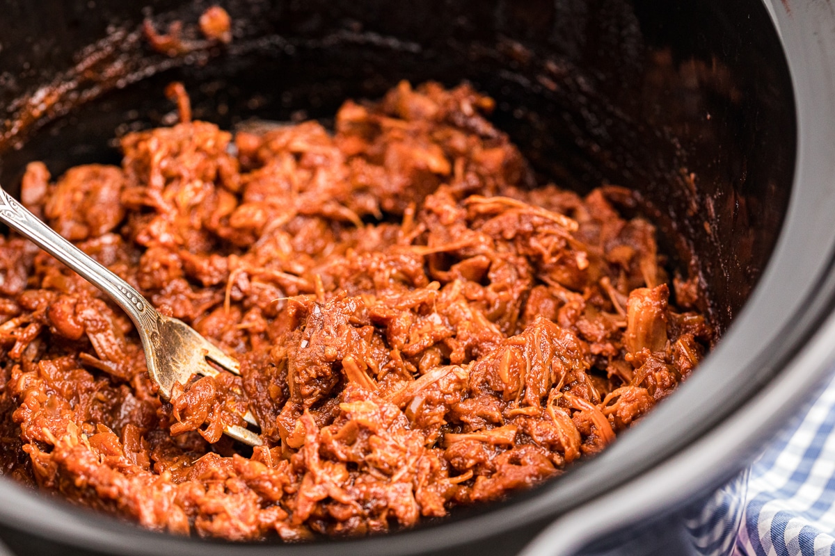 shredded jackfruit pulled pork in slow cooker.