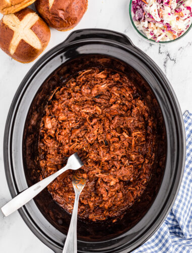 overhead shot of cooked bbq jackfruit pulled pork.