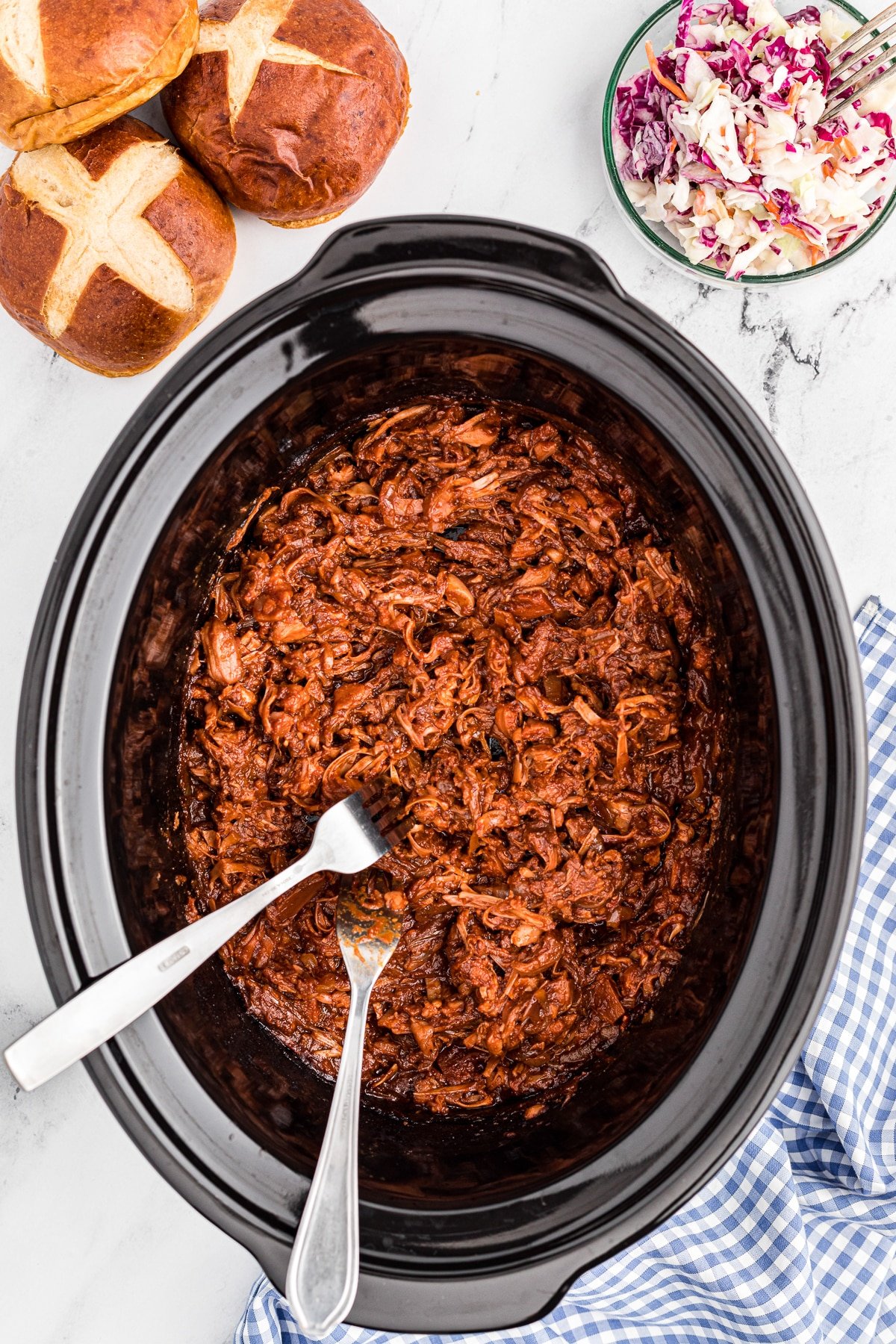 overhead shot of cooked bbq jackfruit pulled pork.