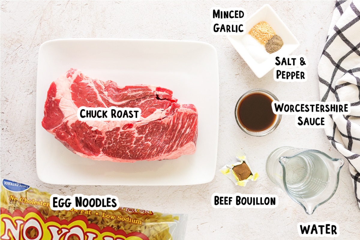Ingredients for beef and noodles on a table.