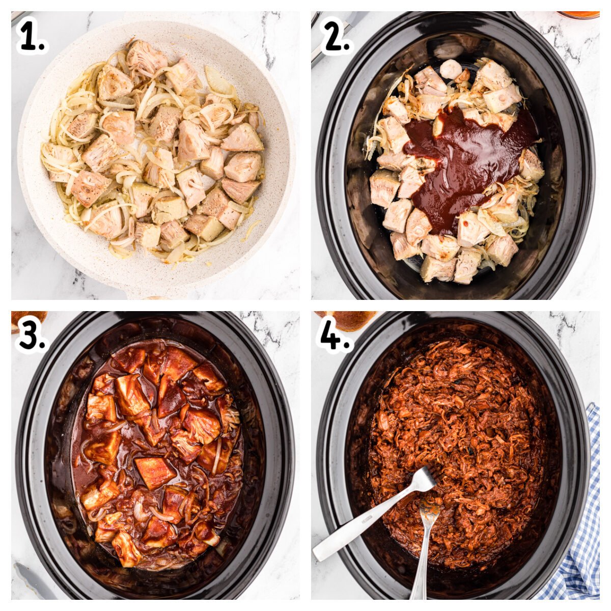 Four images showing how to make bbq jackfruit in the slow cooker.