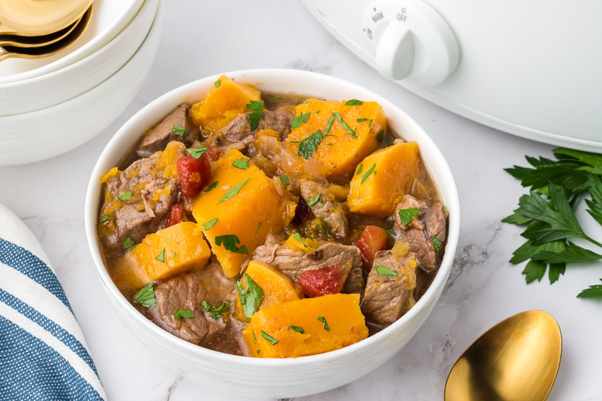 bowl of butternut squash beef stew.