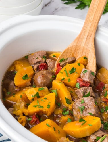 Beef and butternut squash stew in the crockpot.