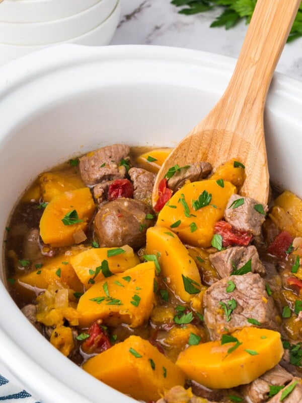 Beef and butternut squash stew in the crockpot.
