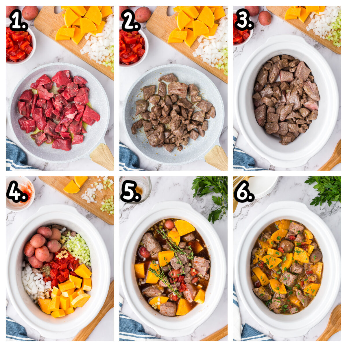 6 images showing how to make beef stew with butter nut squash in slow cooker.