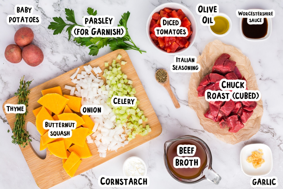 Ingredients for beef and butternut stew on a table.