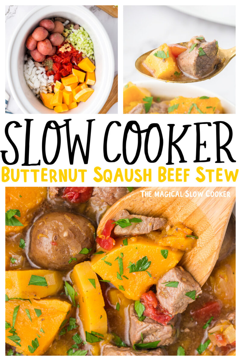 collage of butternut squash beef stew images with text overlay for pinterest.