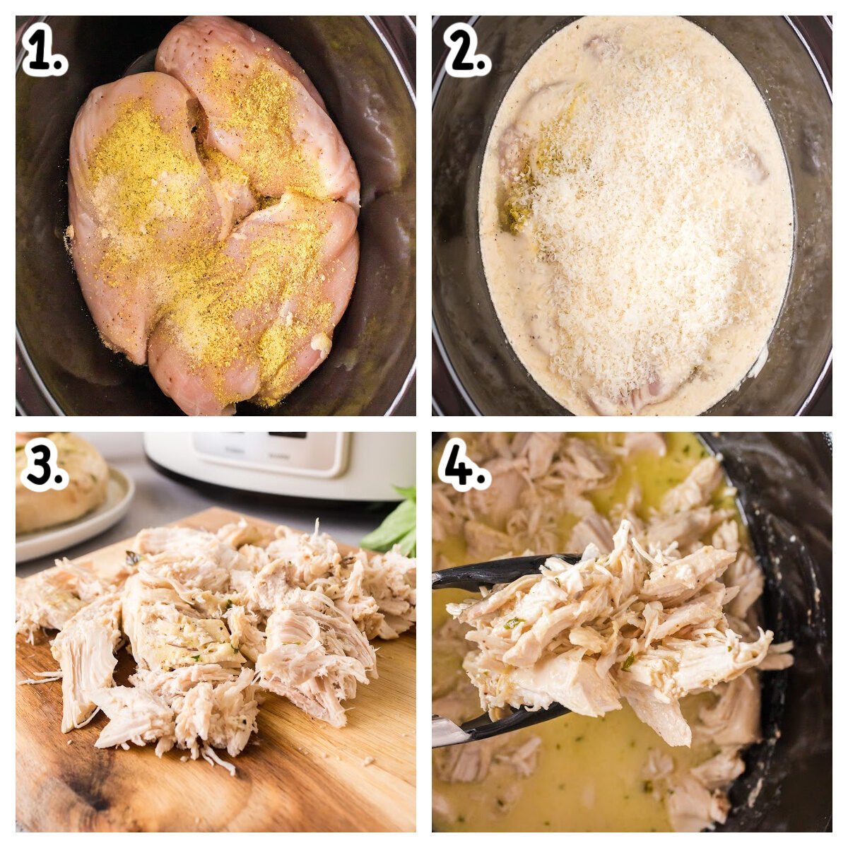 4 images showing how to make caeser chicken in a crockpot.