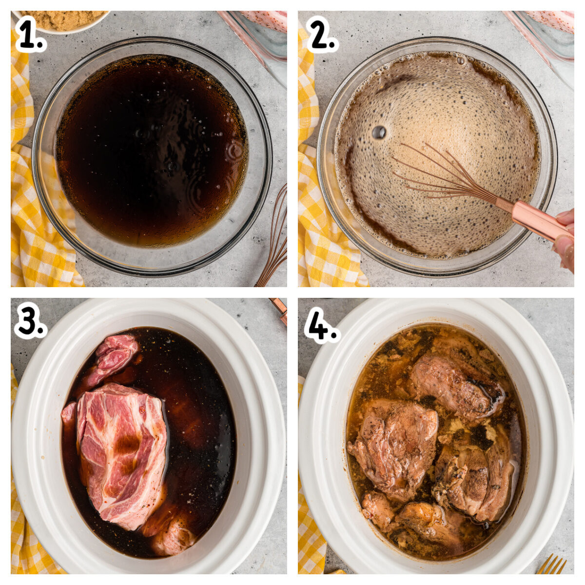 Four images showing how to make coca cola and brown sugar sauce and add to crockpot with pork.