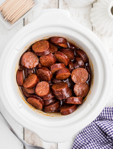 Overhead image of cooked kielbasa.