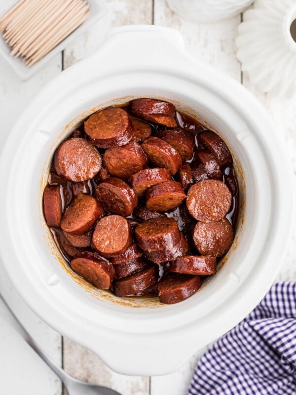 Overhead image of cooked kielbasa.