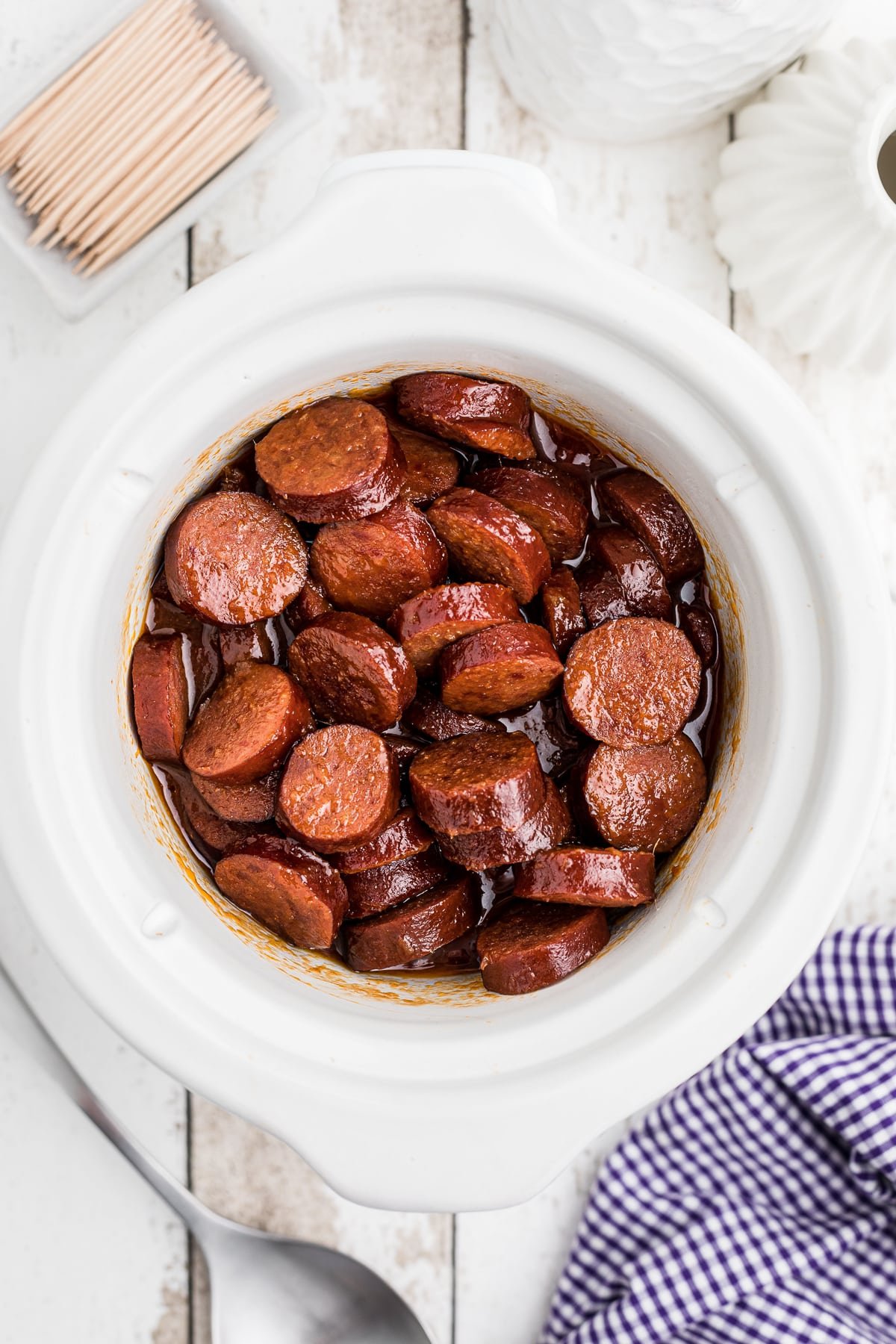 Overhead image of cooked kielbasa.