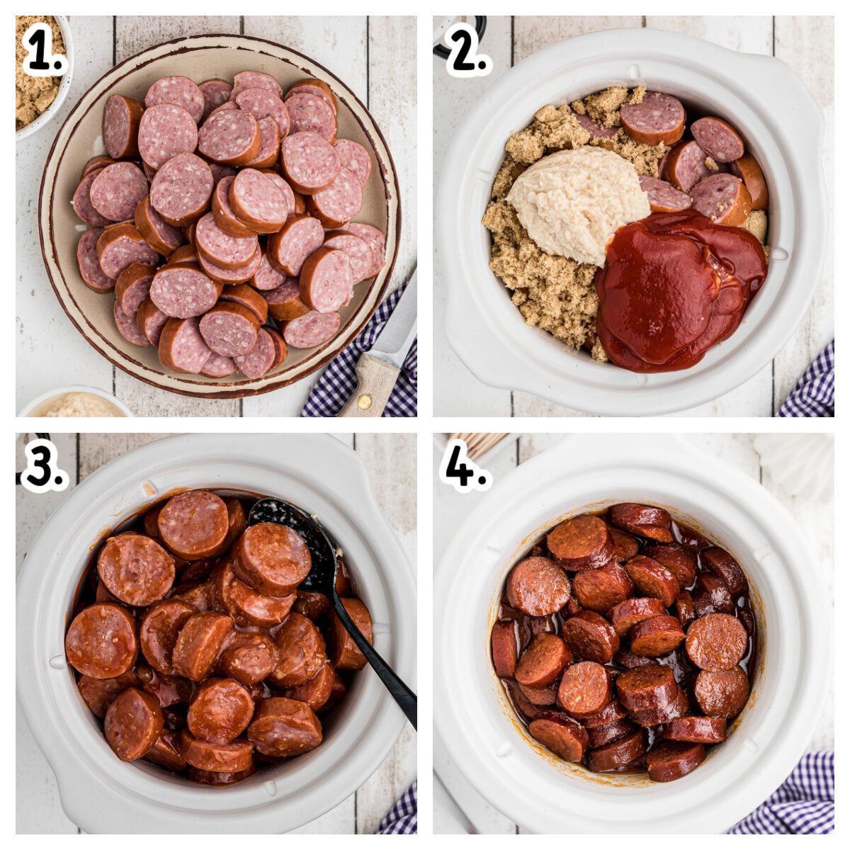 Four images of how to make keilbasa in ketchup and horseradish sauce.