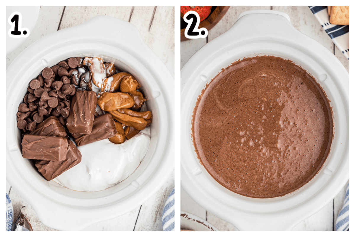 2 images showing before and after cooking chocolate fondue in crockcpot.