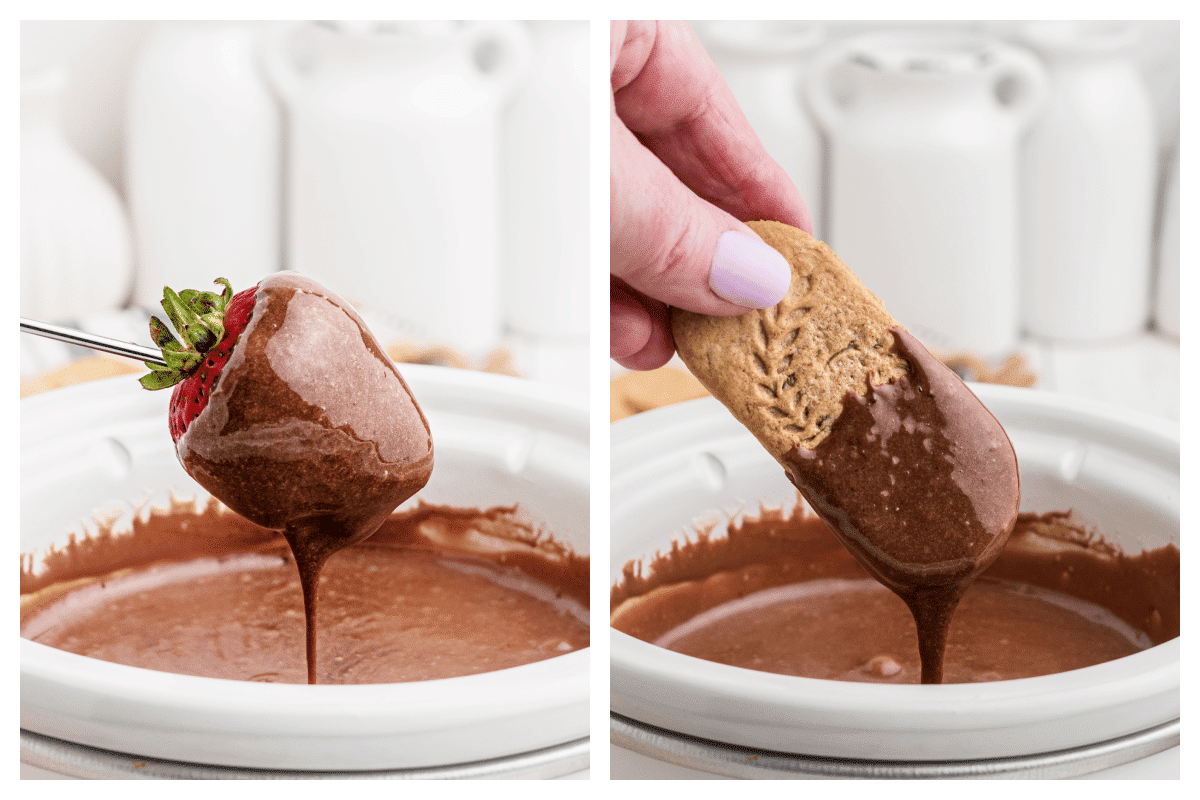 2 images of a strawberry and biscoff cookie being dipped in chocolate.