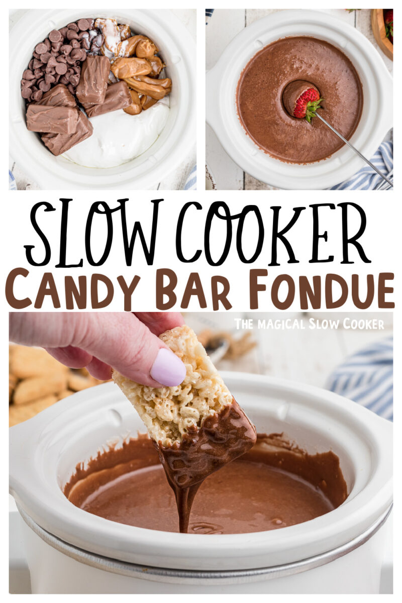 images of candy bar fondue for pinterest with text overlay.