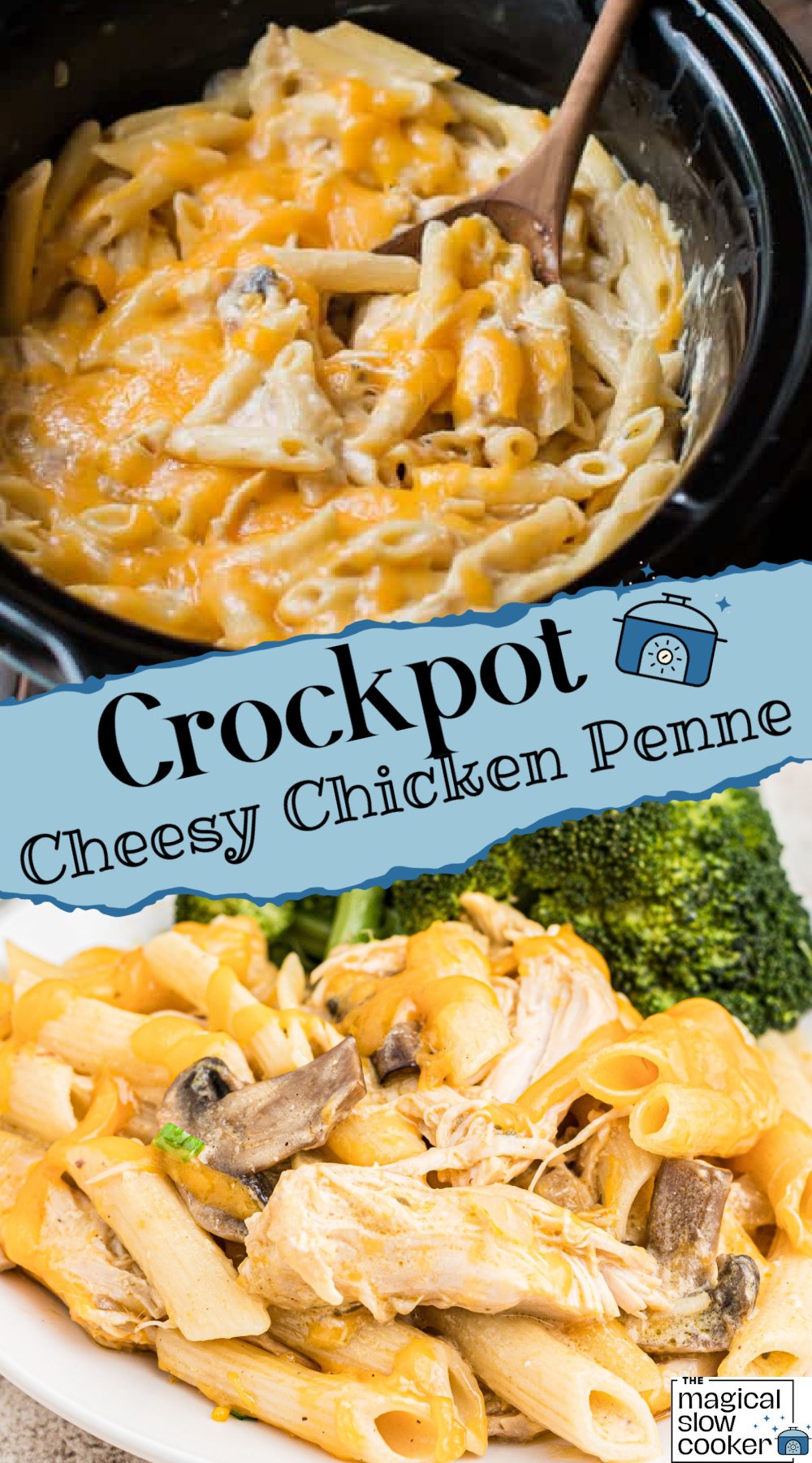 2 images of cooked cheesy chicken penne.