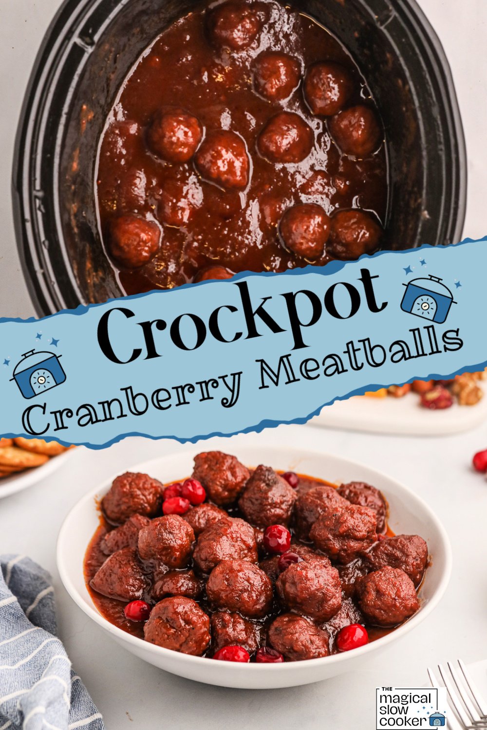 2 images of cranberry meatballs with text overlay for pinterest.