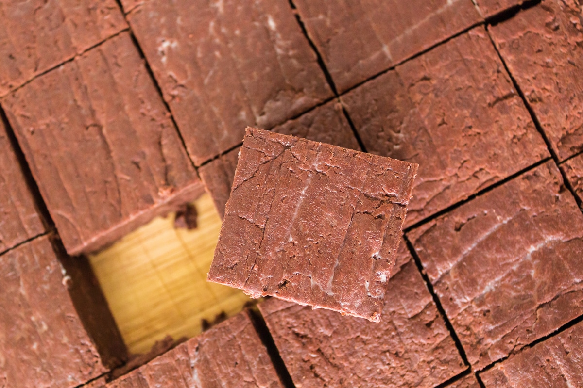 piece of fudge cut out of a block of it.