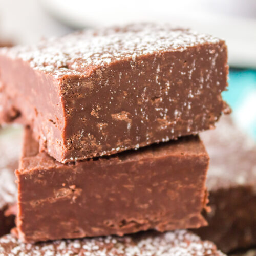 2 pieces of crockpot fudge stacked up.